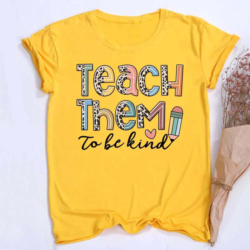 Teach Them Be Kind Teacher Shirts Women Funny Teach Printed Graphic Tshirt Short Sleeve T-Shirt Blouse Teacher Gifts Tops Tee