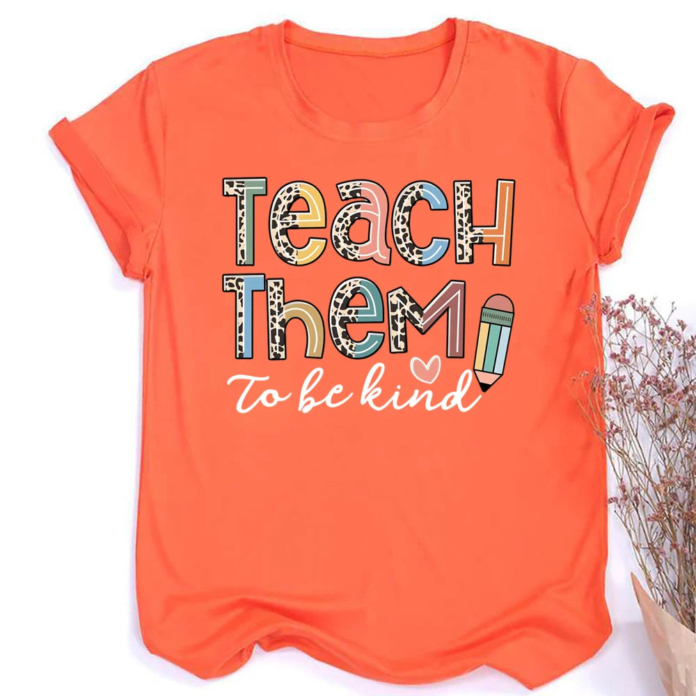 Teach Them Be Kind Teacher Shirts Women Funny Teach Printed Graphic Tshirt Short Sleeve T-Shirt Blouse Teacher Gifts Tops Tee