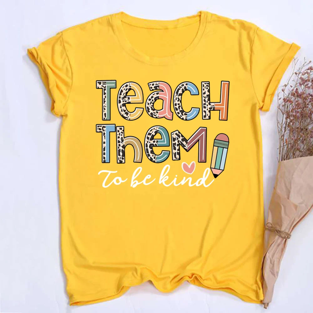 Teach Them Be Kind Teacher Shirts Women Funny Teach Printed Graphic Tshirt Short Sleeve T-Shirt Blouse Teacher Gifts Tops Tee