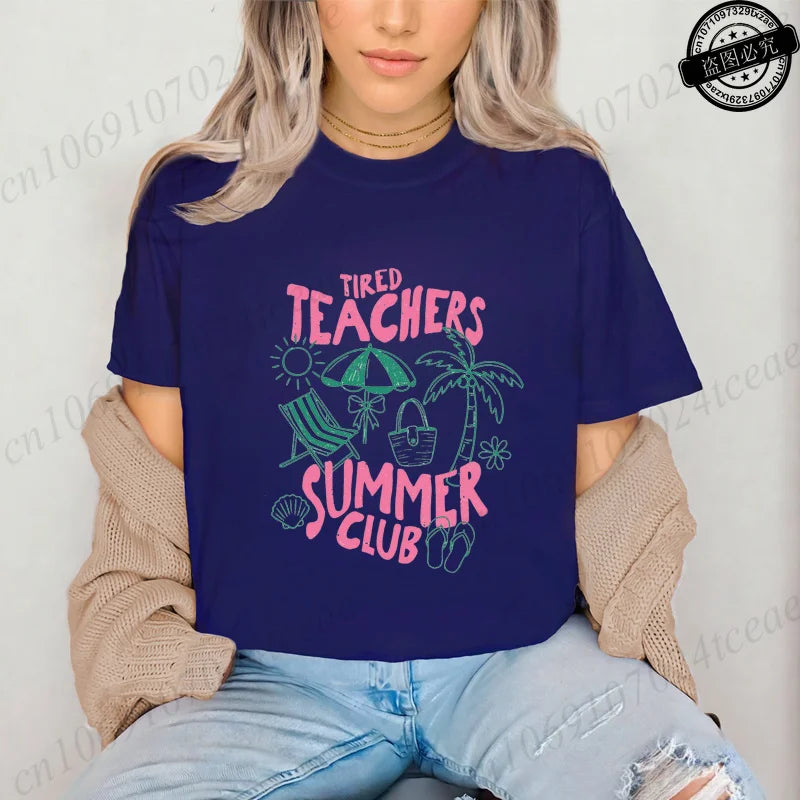 Teacher Summer Shirt Teachers Summer Club Women's T-Shirts Last Day of School Tees Short Sleeve Fashion Casual T-Shirts Tops