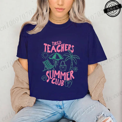 Teacher Summer Shirt Teachers Summer Club Women's T-Shirts Last Day of School Tees Short Sleeve Fashion Casual T-Shirts Tops