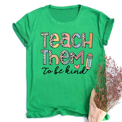 Teach Them Be Kind Teacher Shirts Women Funny Teach Printed Graphic Tshirt Short Sleeve T-Shirt Blouse Teacher Gifts Tops Tee