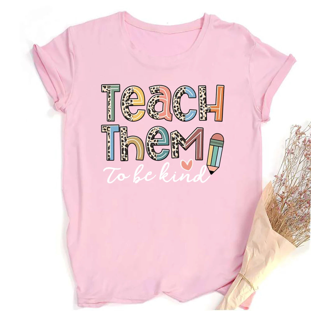 Teach Them Be Kind Teacher Shirts Women Funny Teach Printed Graphic Tshirt Short Sleeve T-Shirt Blouse Teacher Gifts Tops Tee