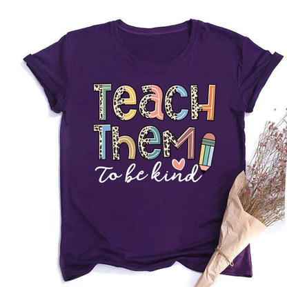 Teach Them Be Kind Teacher Shirts Women Funny Teach Printed Graphic Tshirt Short Sleeve T-Shirt Blouse Teacher Gifts Tops Tee