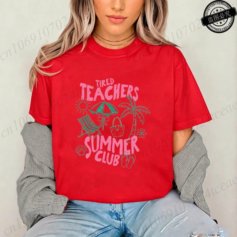 Teacher Summer Shirt Teachers Summer Club Women's T-Shirts Last Day of School Tees Short Sleeve Fashion Casual T-Shirts Tops