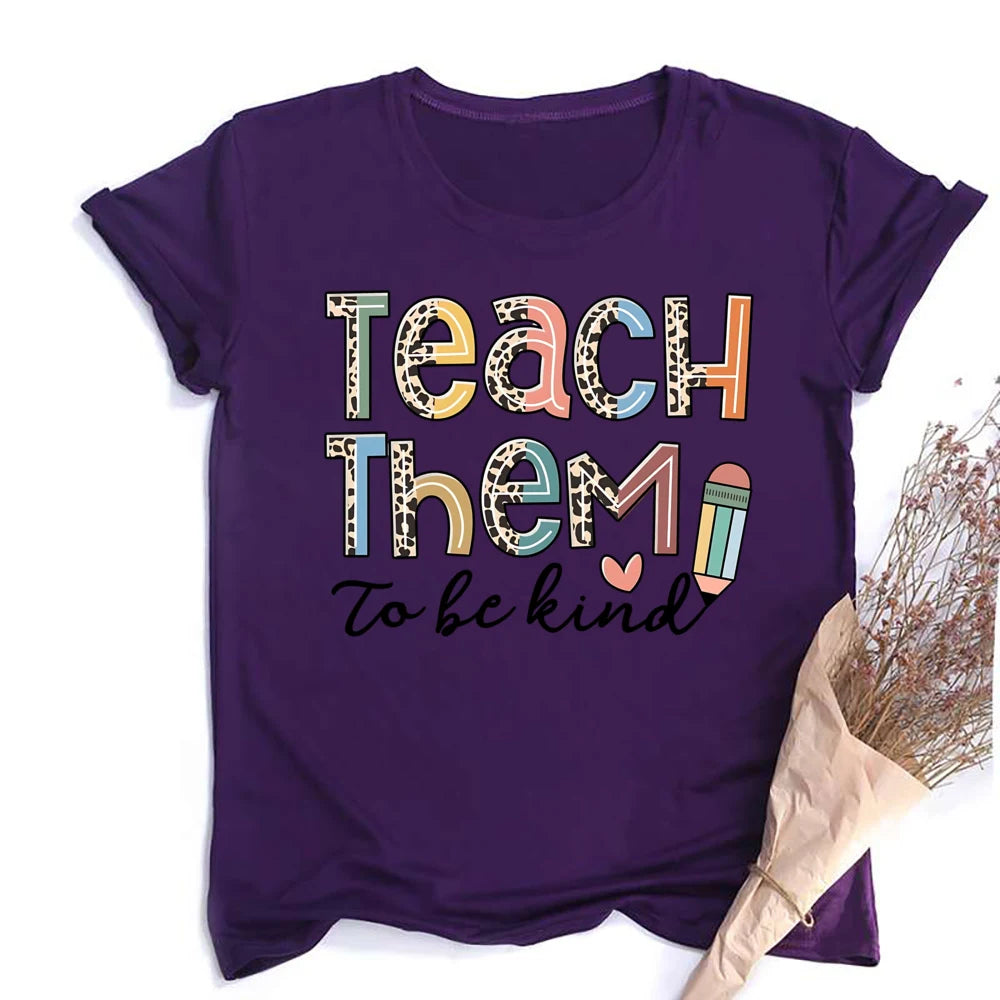 Teach Them Be Kind Teacher Shirts Women Funny Teach Printed Graphic Tshirt Short Sleeve T-Shirt Blouse Teacher Gifts Tops Tee