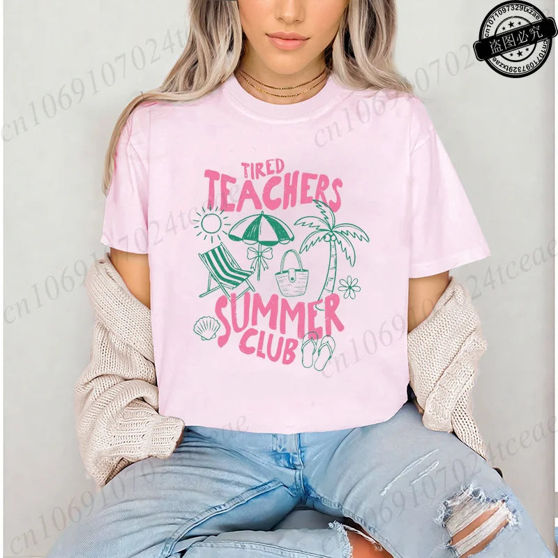 Teacher Summer Shirt Teachers Summer Club Women's T-Shirts Last Day of School Tees Short Sleeve Fashion Casual T-Shirts Tops
