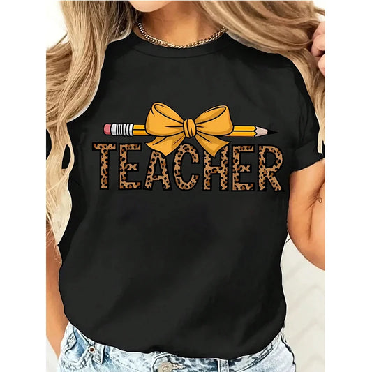 Women's Teacher T-Shirt Teach Pencil Bow Glitter Leopard Checkered Coquette Short Sleeve Black Tops Tee Shirt 90s Y2k Tshirt