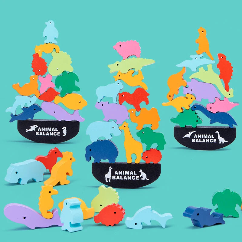 Montessori Wooden Balance Blocks Toys For Children Animal Dinosaur Building Stacking High Board Games Wood Toy Boys Kids Gift