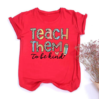 Teach Them Be Kind Teacher Shirts Women Funny Teach Printed Graphic Tshirt Short Sleeve T-Shirt Blouse Teacher Gifts Tops Tee