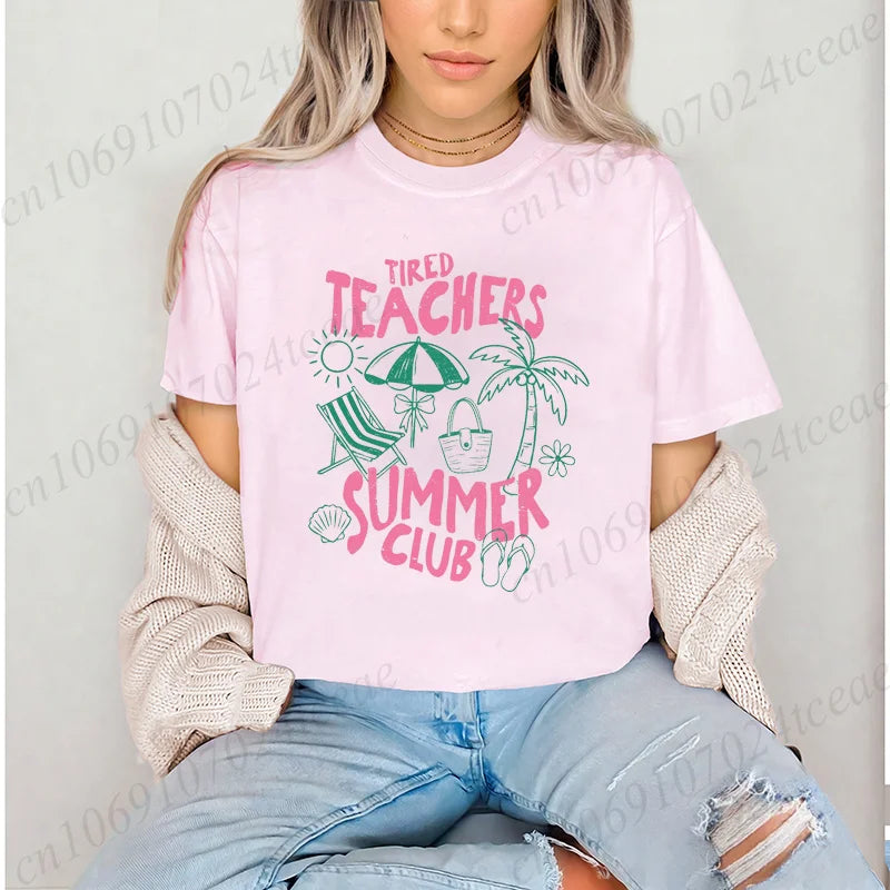 Teacher Summer Shirt Teachers Summer Club Women's T-Shirts Last Day of School Tees Short Sleeve Fashion Casual T-Shirts Tops
