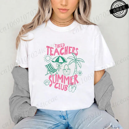 Teacher Summer Shirt Teachers Summer Club Women's T-Shirts Last Day of School Tees Short Sleeve Fashion Casual T-Shirts Tops