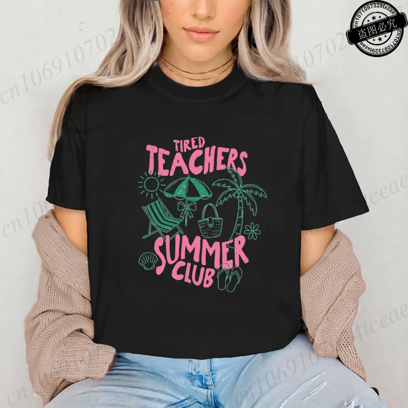 Teacher Summer Shirt Teachers Summer Club Women's T-Shirts Last Day of School Tees Short Sleeve Fashion Casual T-Shirts Tops
