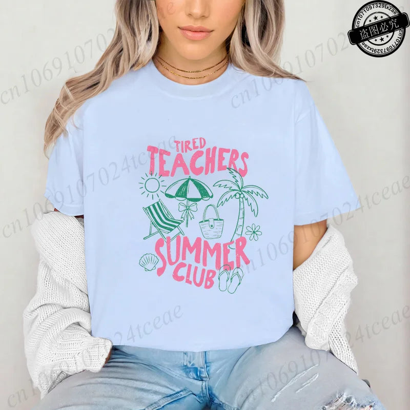 Teacher Summer Shirt Teachers Summer Club Women's T-Shirts Last Day of School Tees Short Sleeve Fashion Casual T-Shirts Tops