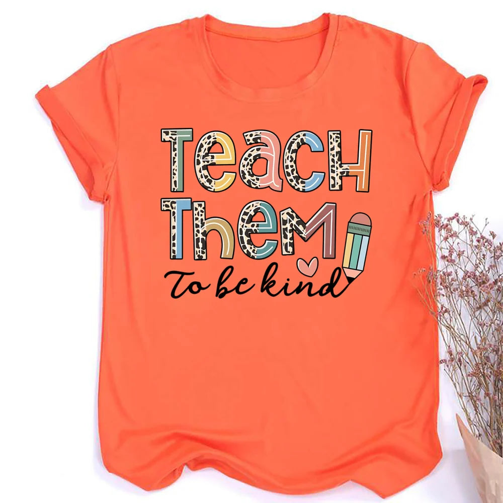 Teach Them Be Kind Teacher Shirts Women Funny Teach Printed Graphic Tshirt Short Sleeve T-Shirt Blouse Teacher Gifts Tops Tee