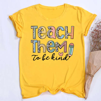 Teach Them Be Kind Teacher Shirts Women Funny Teach Printed Graphic Tshirt Short Sleeve T-Shirt Blouse Teacher Gifts Tops Tee
