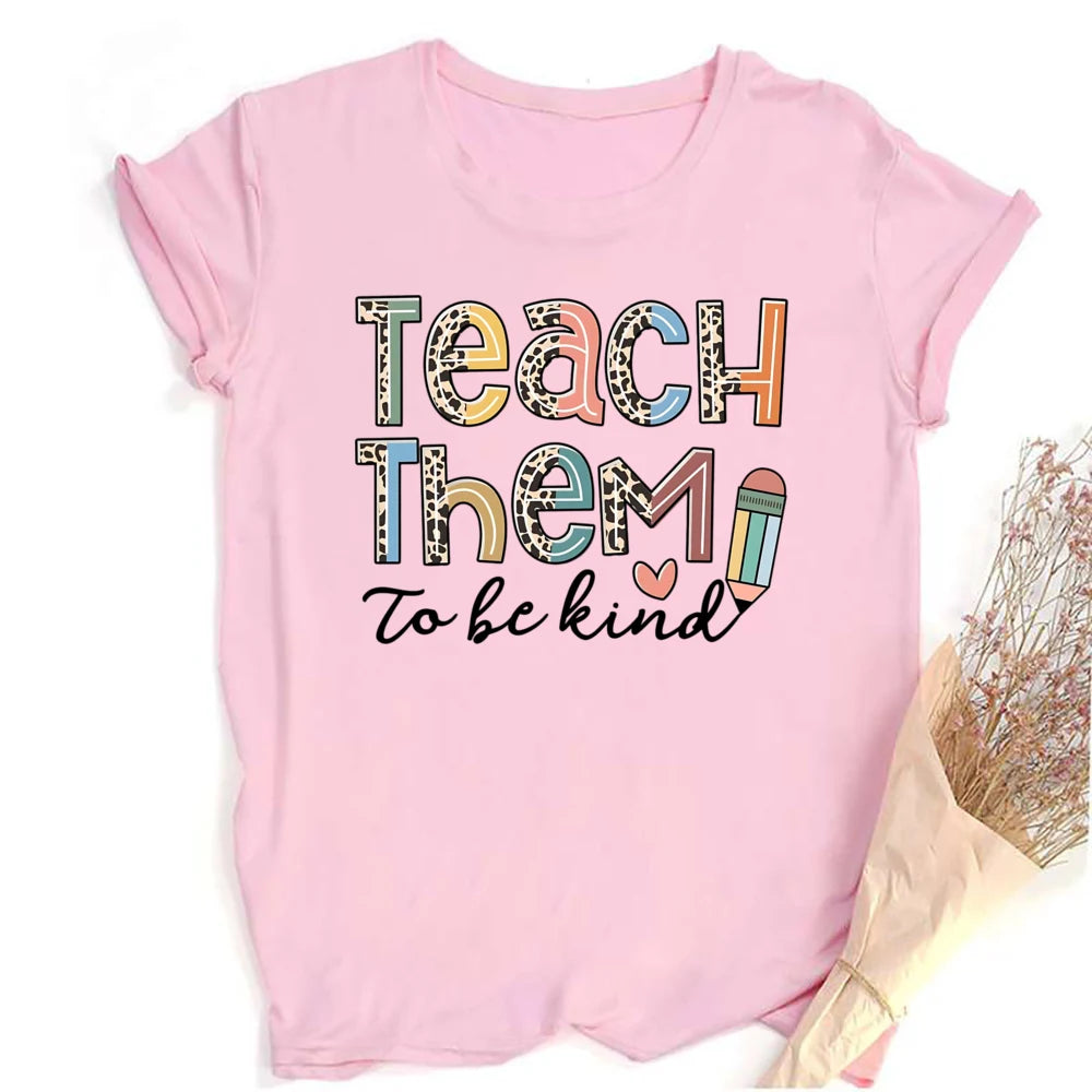 Teach Them Be Kind Teacher Shirts Women Funny Teach Printed Graphic Tshirt Short Sleeve T-Shirt Blouse Teacher Gifts Tops Tee