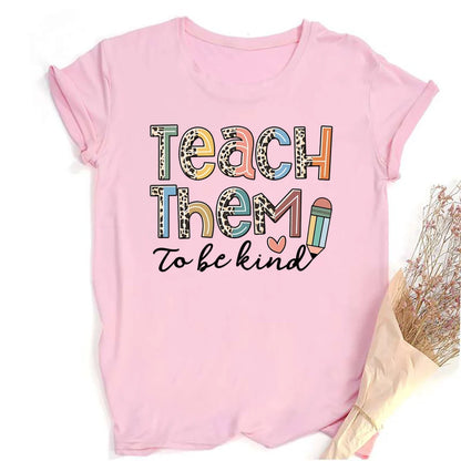 Teach Them Be Kind Teacher Shirts Women Funny Teach Printed Graphic Tshirt Short Sleeve T-Shirt Blouse Teacher Gifts Tops Tee